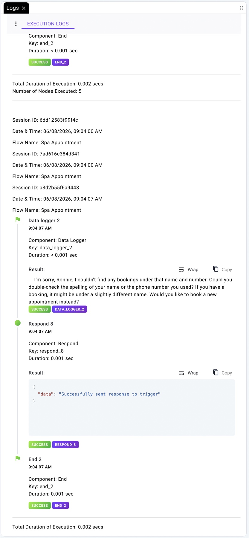 CXFabric in-designer real-time execution log in light mode.