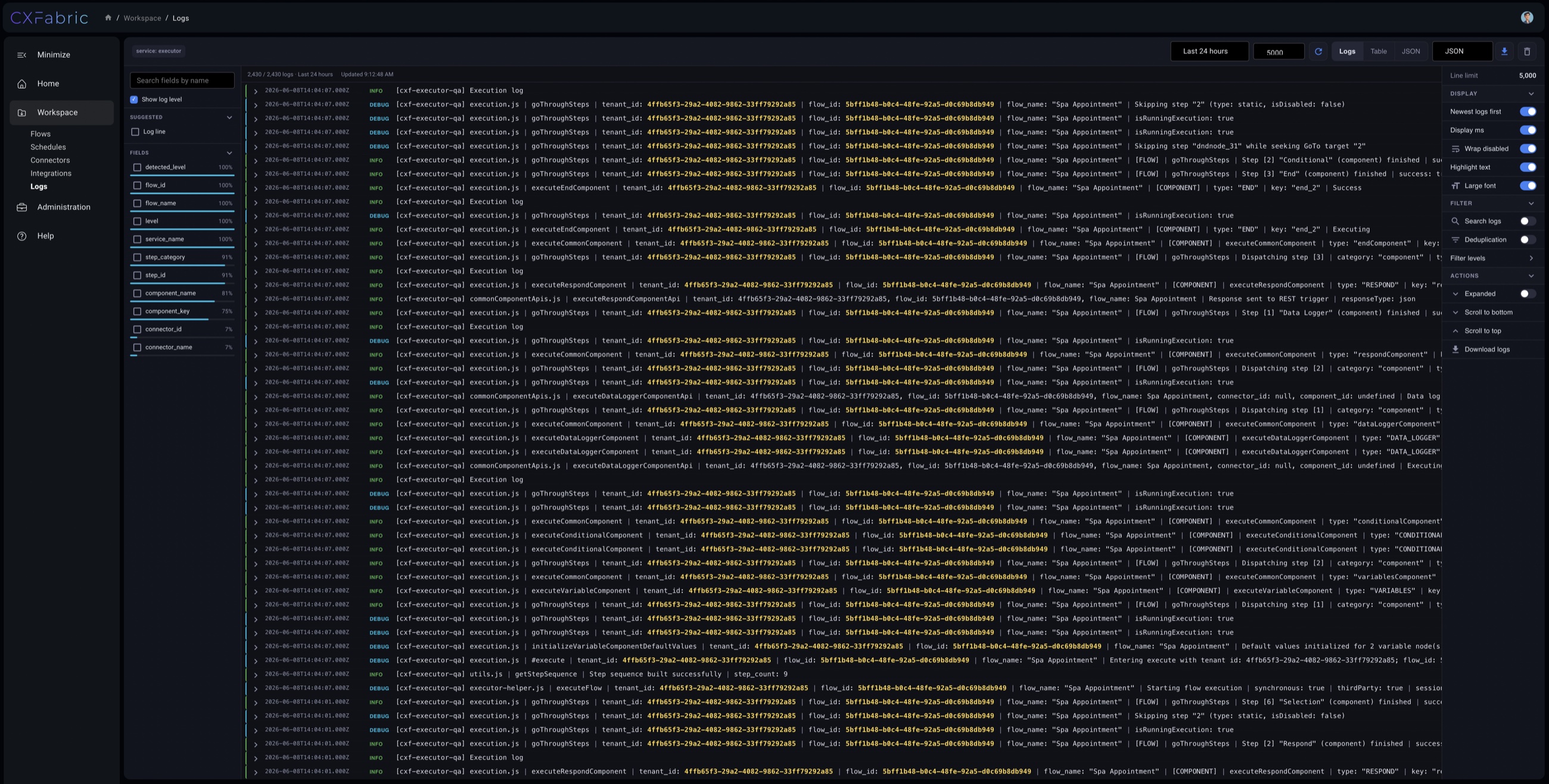 Dark mode CXFabric system logging interface with searchable fields, execution log lines, highlighted workflow identifiers, and log display controls.