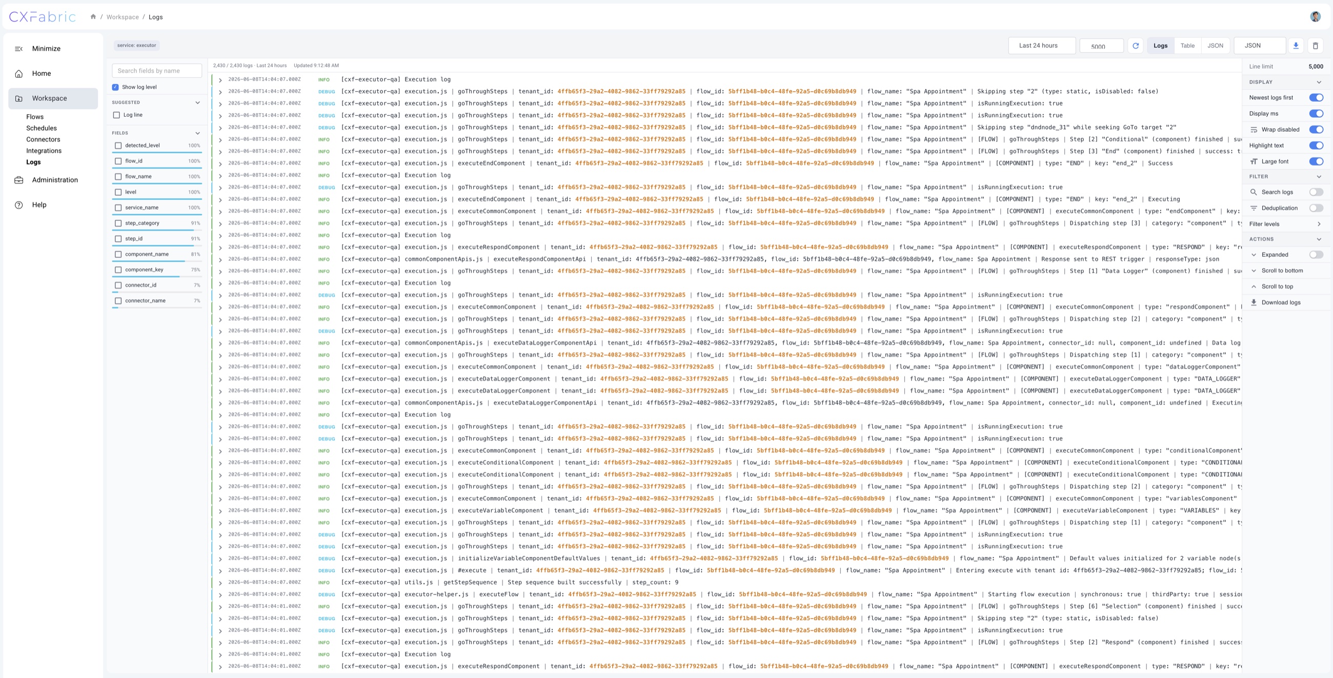 Light mode CXFabric system logging interface with searchable fields, execution log lines, highlighted workflow identifiers, and log display controls.