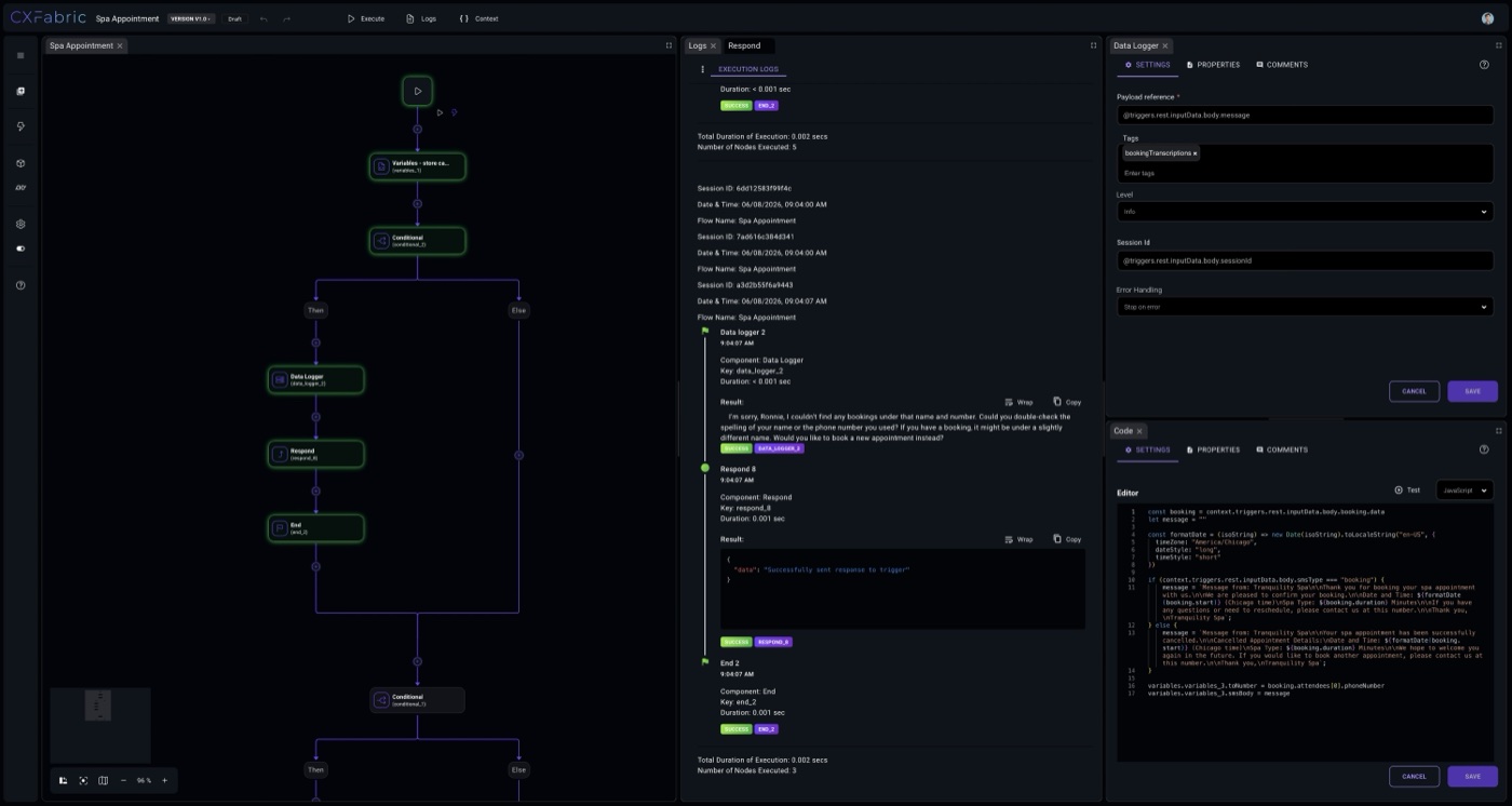 CXFabric workflow designer in dark mode with a visual automation canvas.